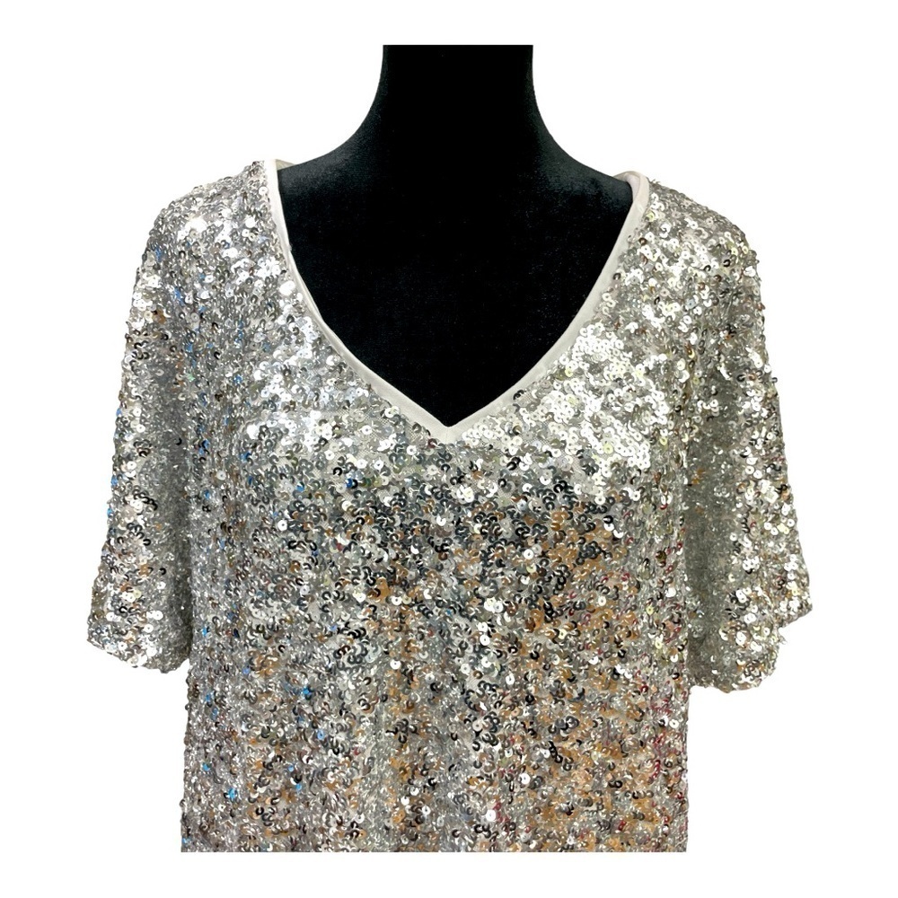 Hidden Label Silver Sequin Dress Size Small - Short Sleeve, V-Neck, Fully Lined - Picture 6 of 11
